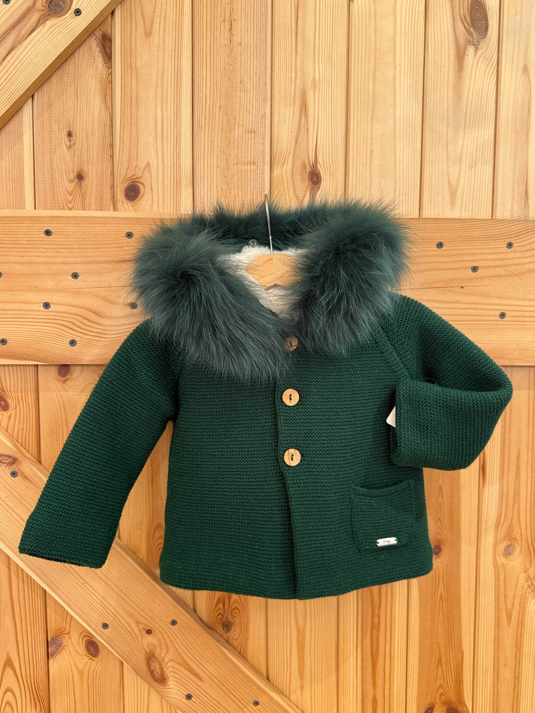 Abrigo forrado con pelo natural verde botella