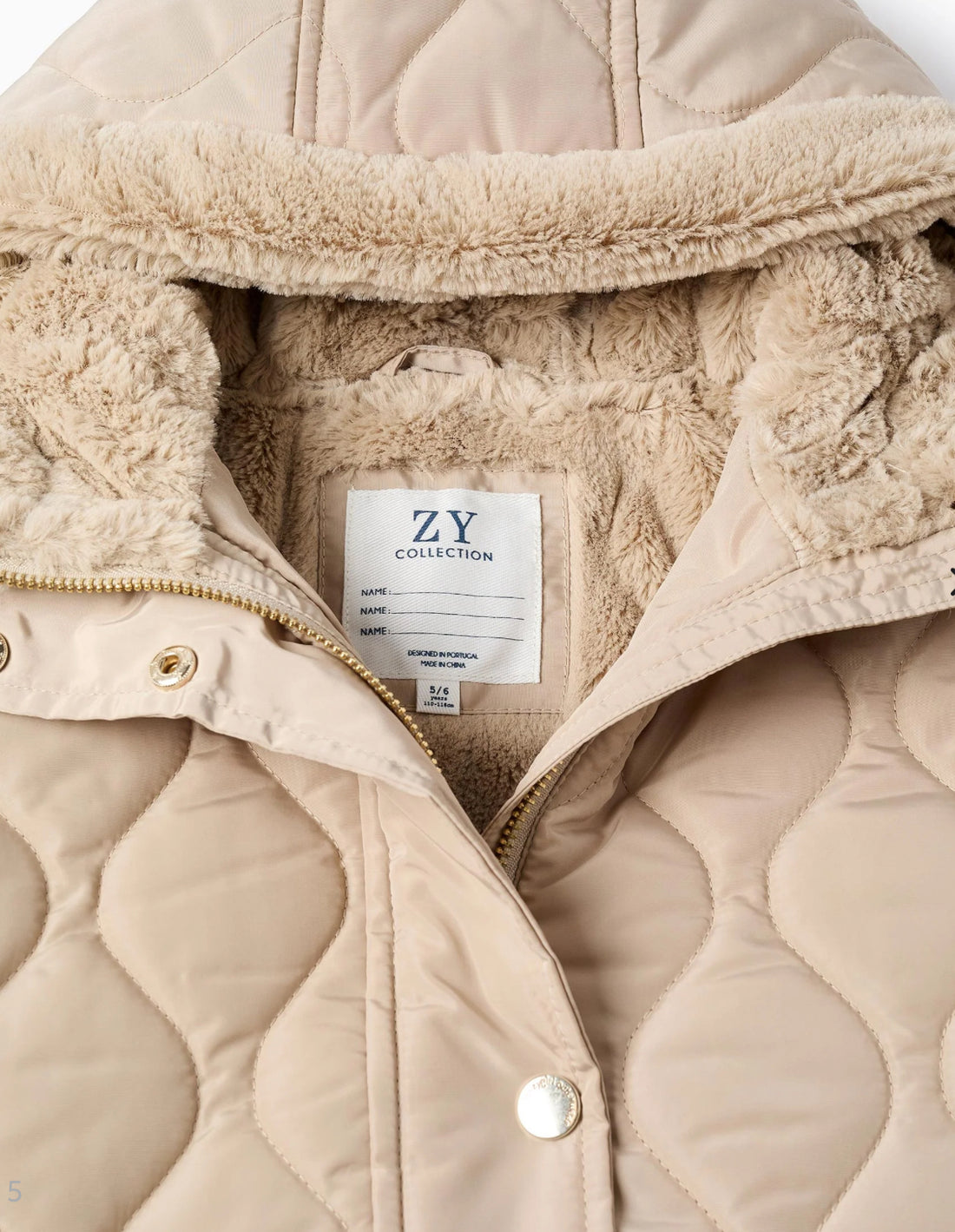 Parka Acolchada de Largo Medio con Capucha para Niña, Beige
