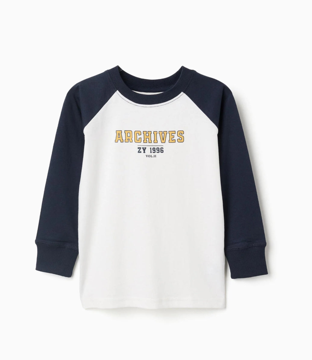 Camiseta de Manga Larga de Algodón para Niño, Blanco/Azul Oscuro