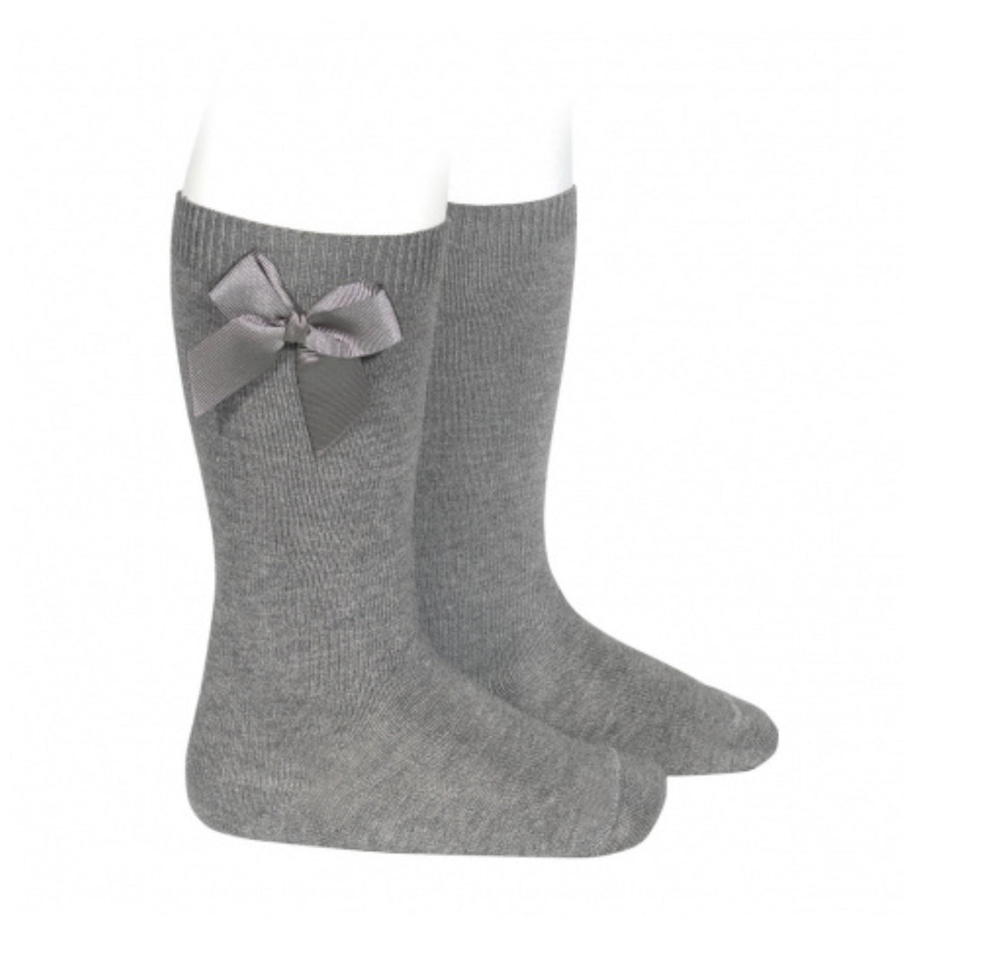 Calcetines altos algodón con lazo grogrén lateral GRIS CLARO
