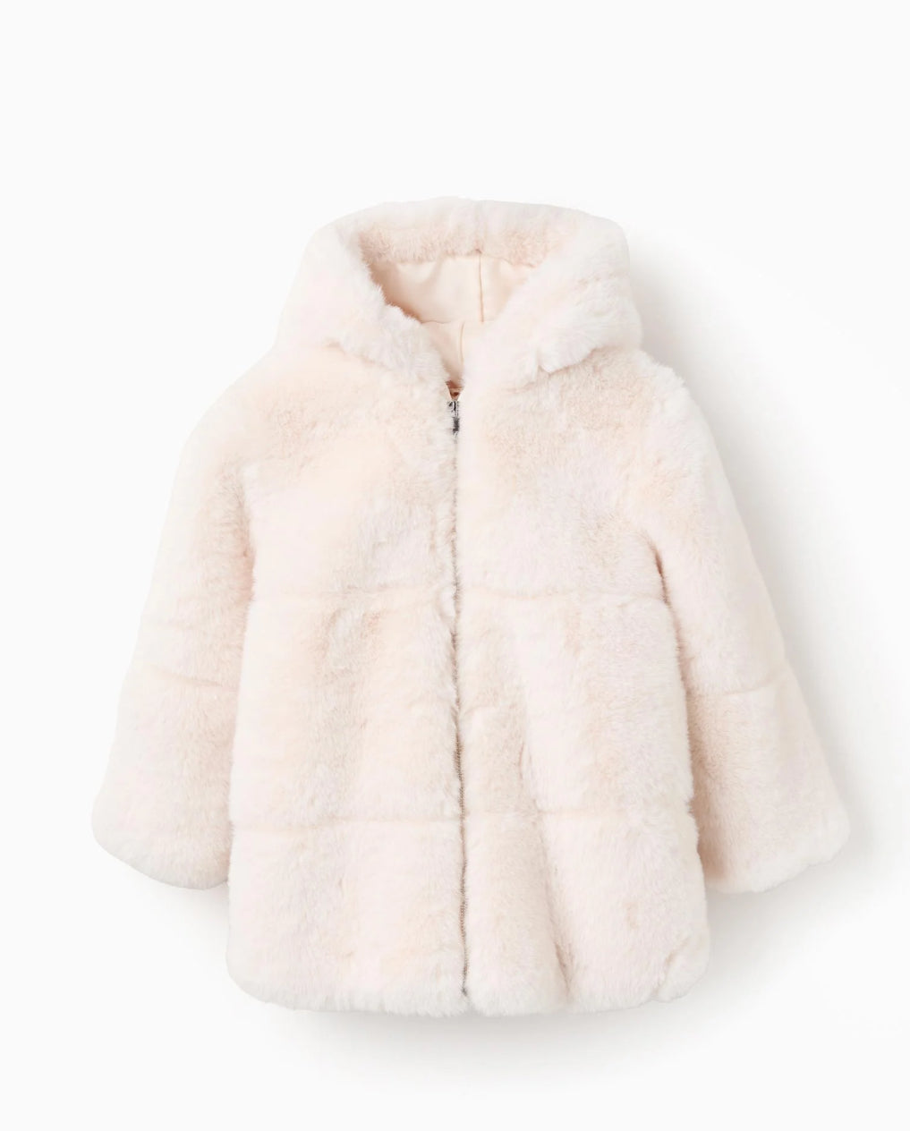 Chaqueta larga de pelo sintético con capucha para niña, beige