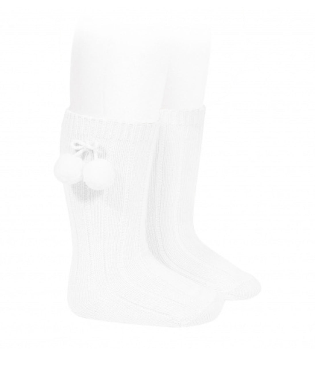 Calcetines altos canalé algodón borlas blanco