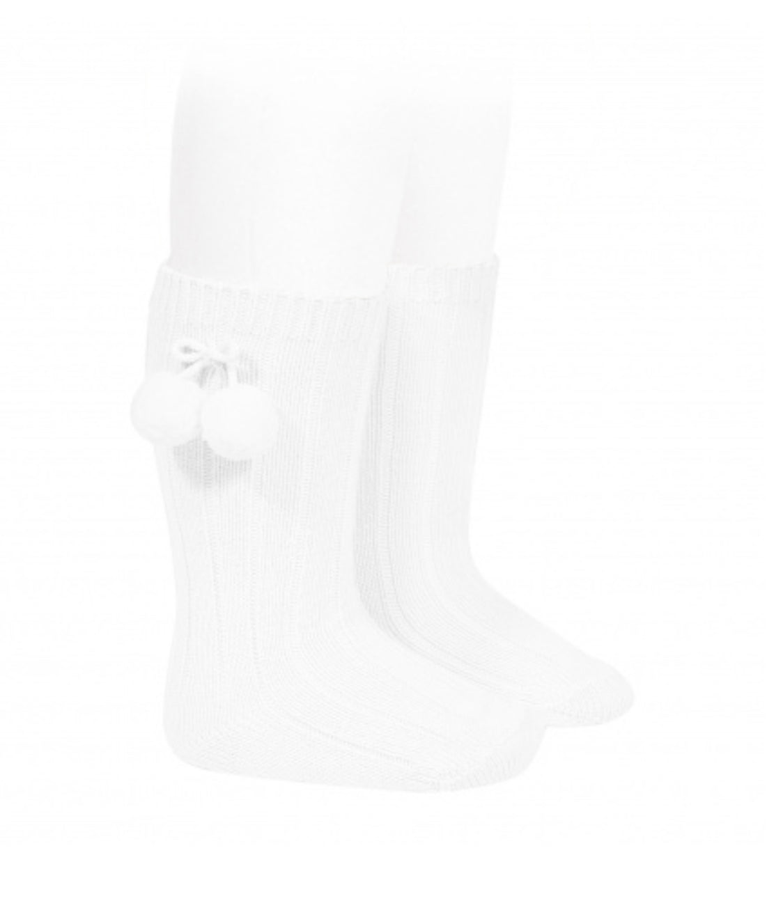 Calcetines altos canalé algodón borlas blanco