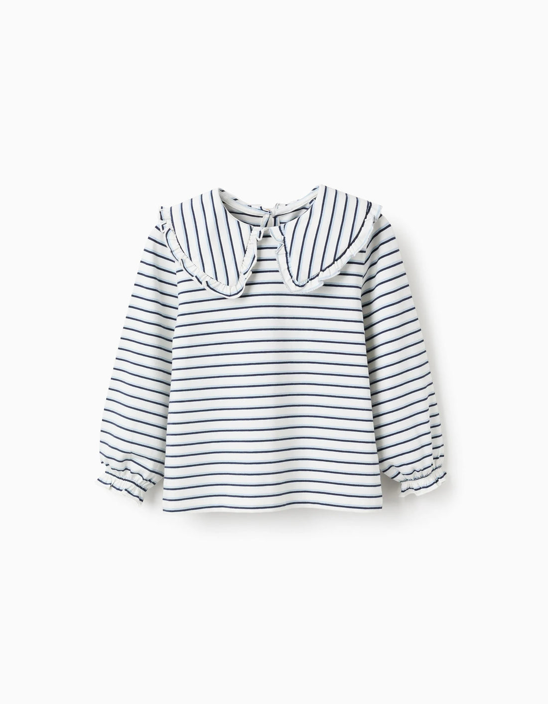 Camiseta a Rayas con Cuello Maxi y Volantes para Niña, Blanco/Azul