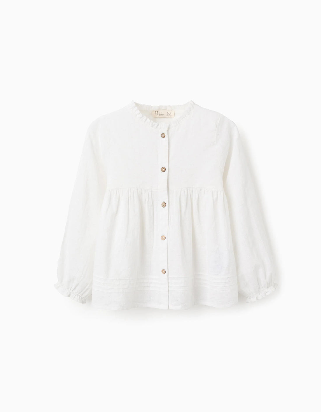 Camisa de Algodón con Textura y Volantes para Niña, Blanca