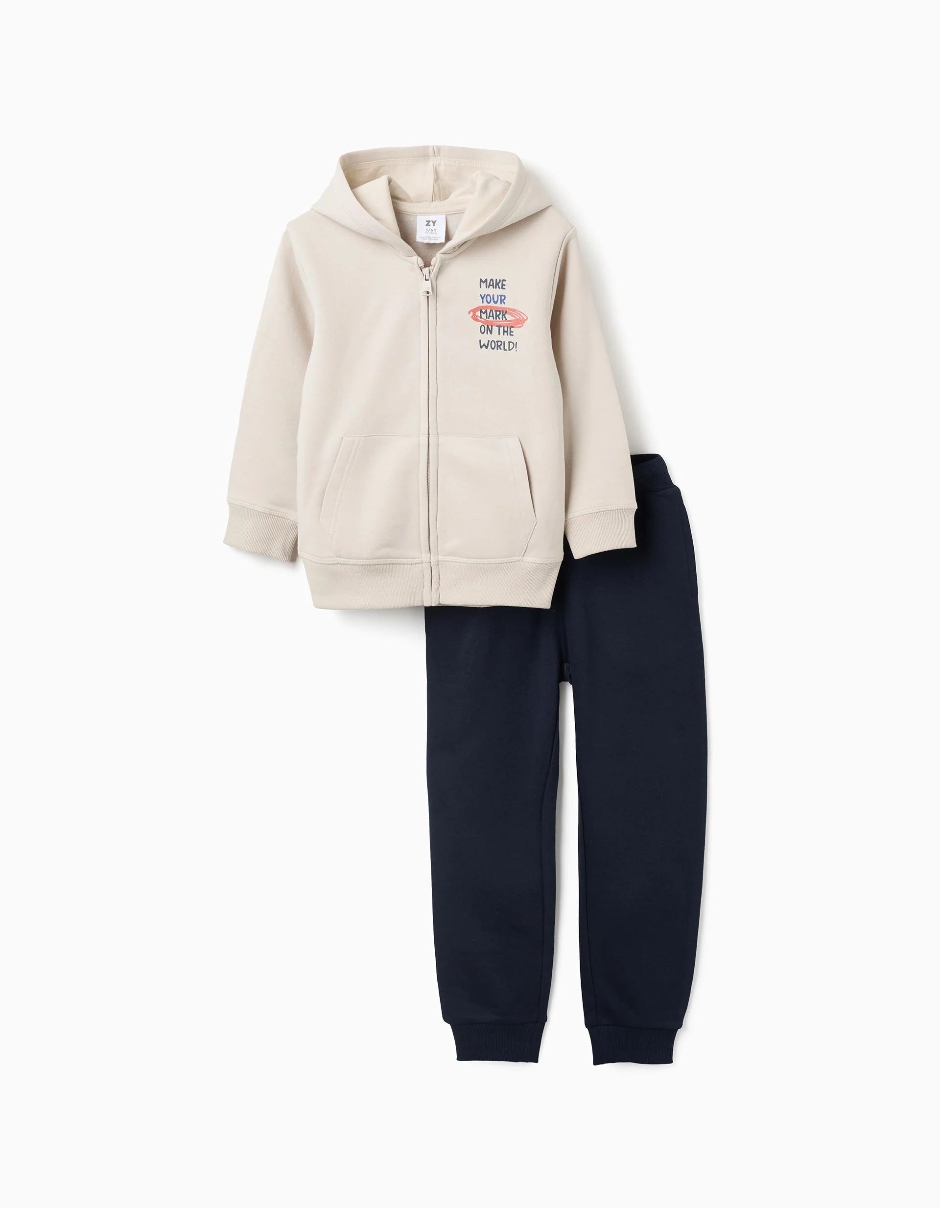Chaqueta con capucha + pantalón jogger perchados para niño, beige/azul