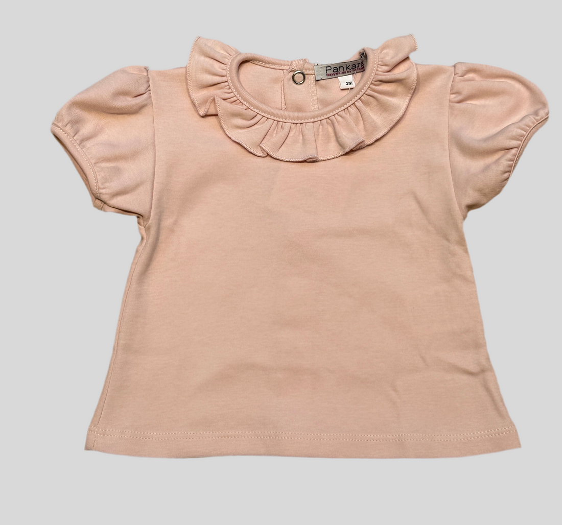 Camiseta algodón cuello volante rosa