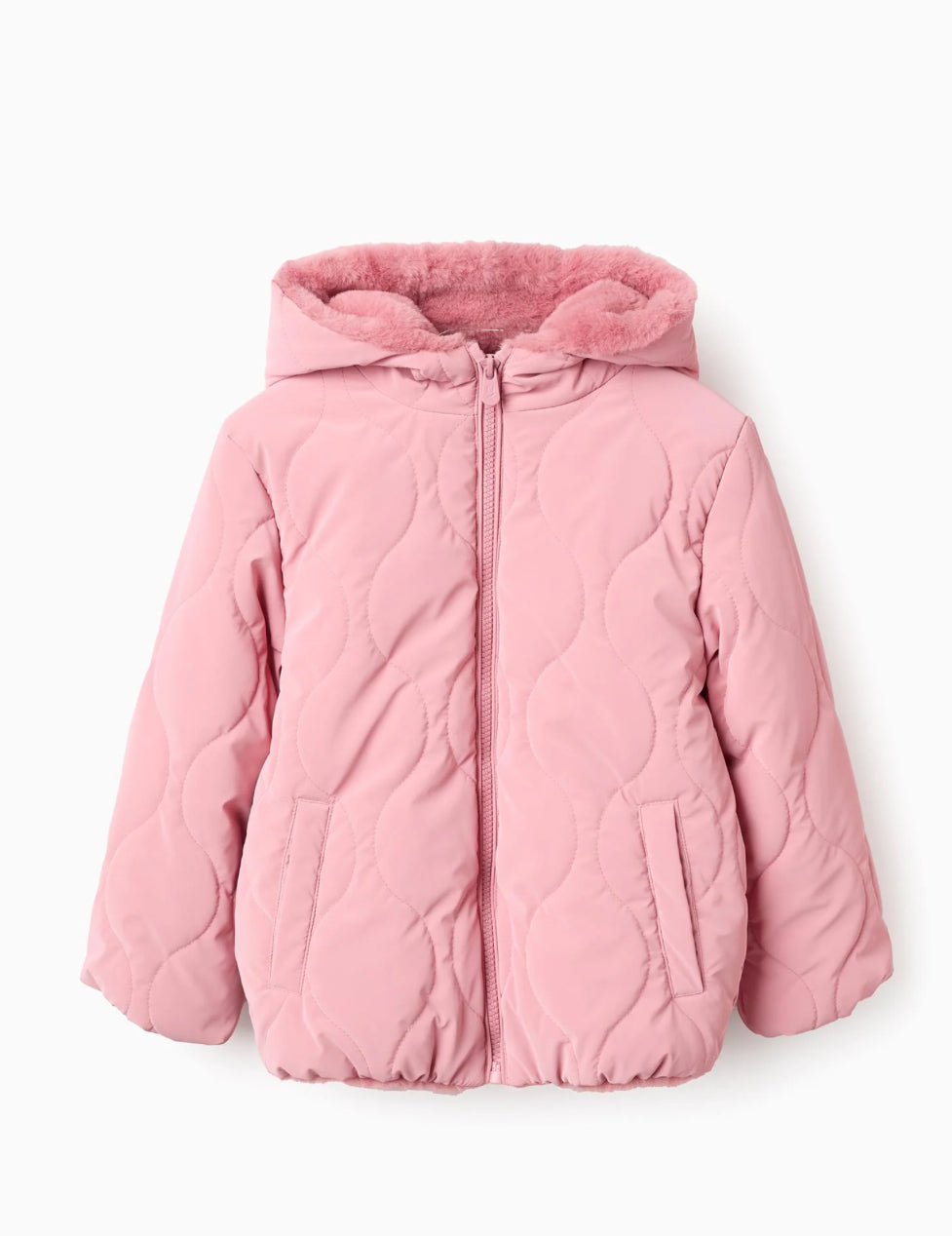 Abrigo Acolchado con Capucha y Forro de Pelo Rosa