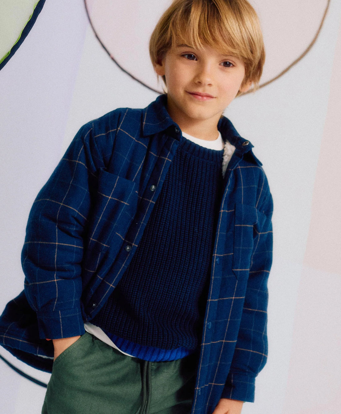 Chaqueta de franela con interior de sherpa para niño, azul oscuro