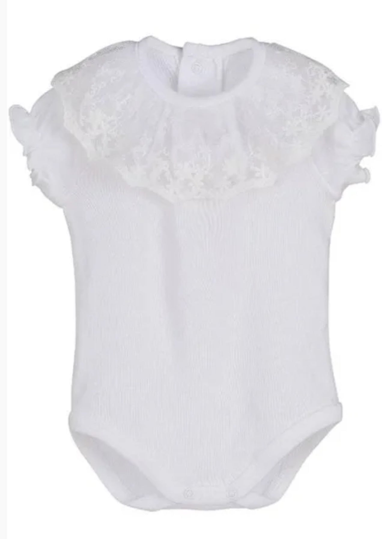 Body manga corta cuello volante en puntilla blanco