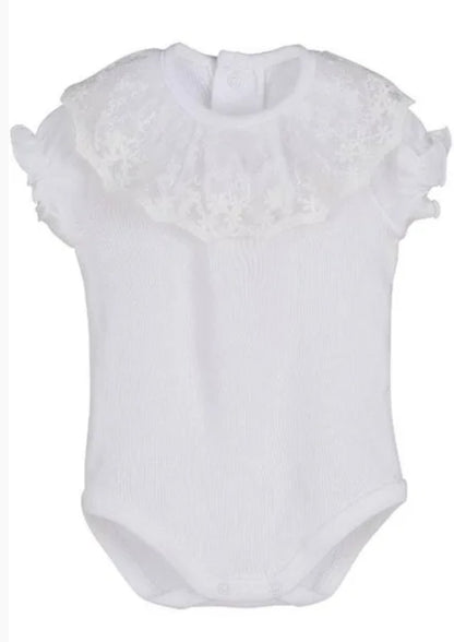 Body manga corta cuello volante en puntilla blanco