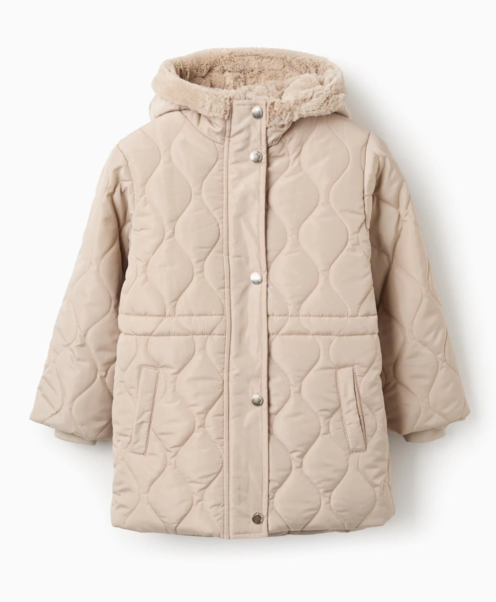 Parka Acolchada de Largo Medio con Capucha para Niña, Beige
