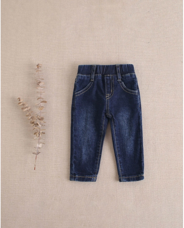 PANTALÓN VAQUERO DESGASTADO LARGO DE BEBÉ CON ELÁSTICO