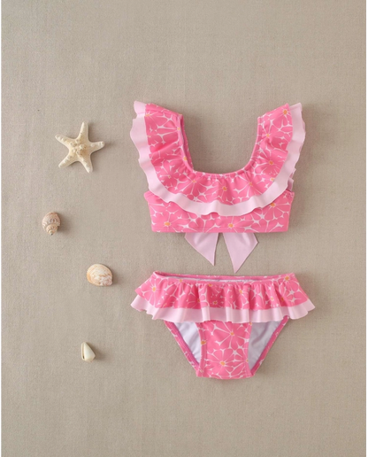 BIKINI DE NIÑA DE FLORES ROSA CON VOLANTES