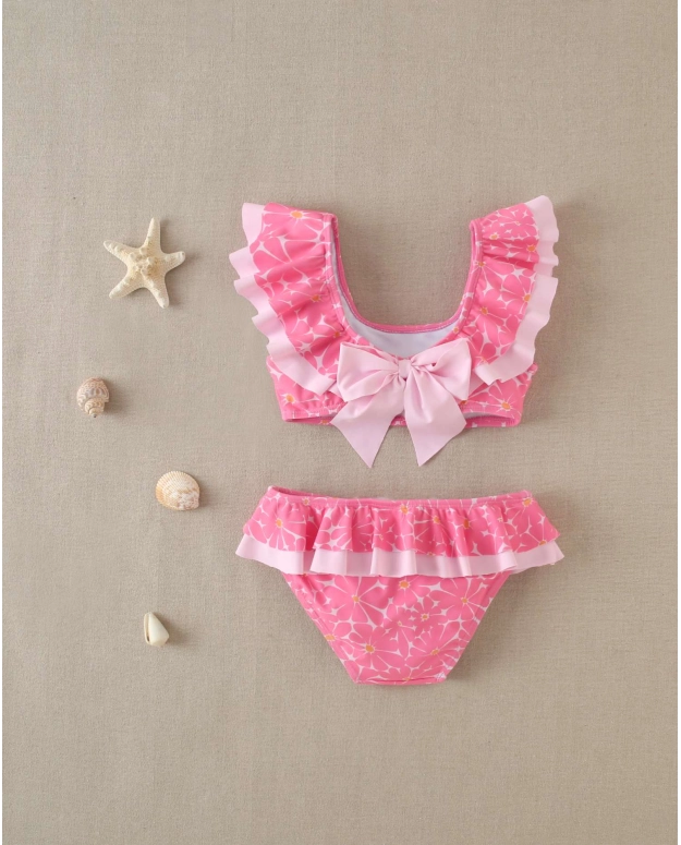 BIKINI DE NIÑA DE FLORES ROSA CON VOLANTES