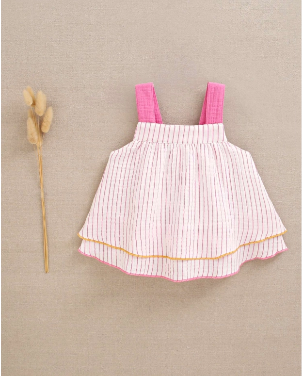 Vestido bebé rayas tirante fucsia