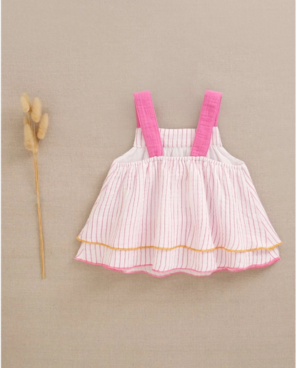 Vestido bebé rayas tirante fucsia